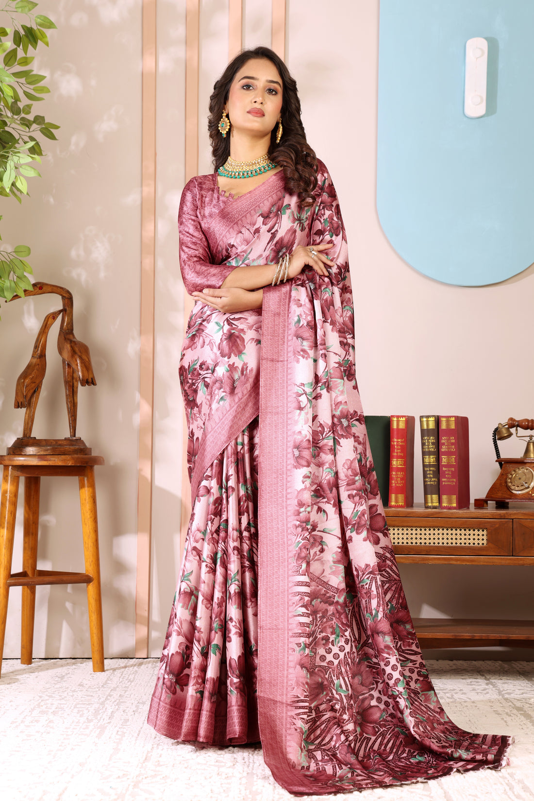 Wine Printed, Digital Print, Floral Print Bollywood Chiffon saree
