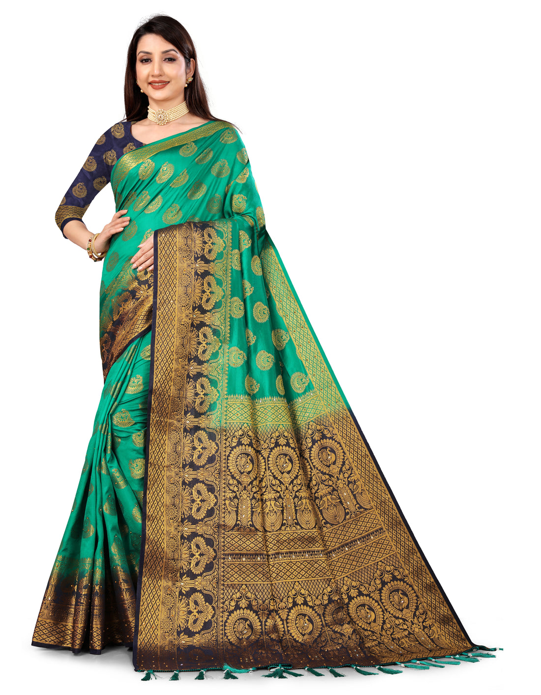 Green Banarasi Silk Saree With Diamond Work With Tassels