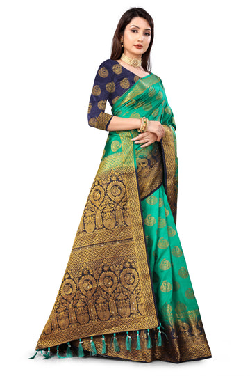 Green Banarasi Silk Saree With Diamond Work With Tassels
