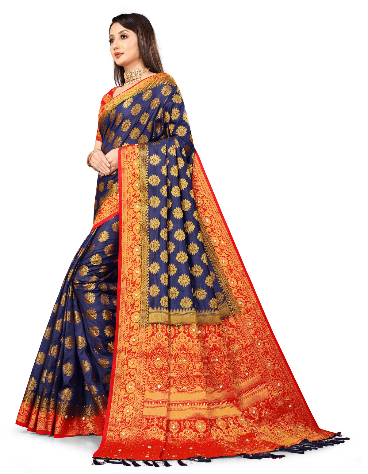 NavyBlue Silk Saree With Diamond Work With Tassels