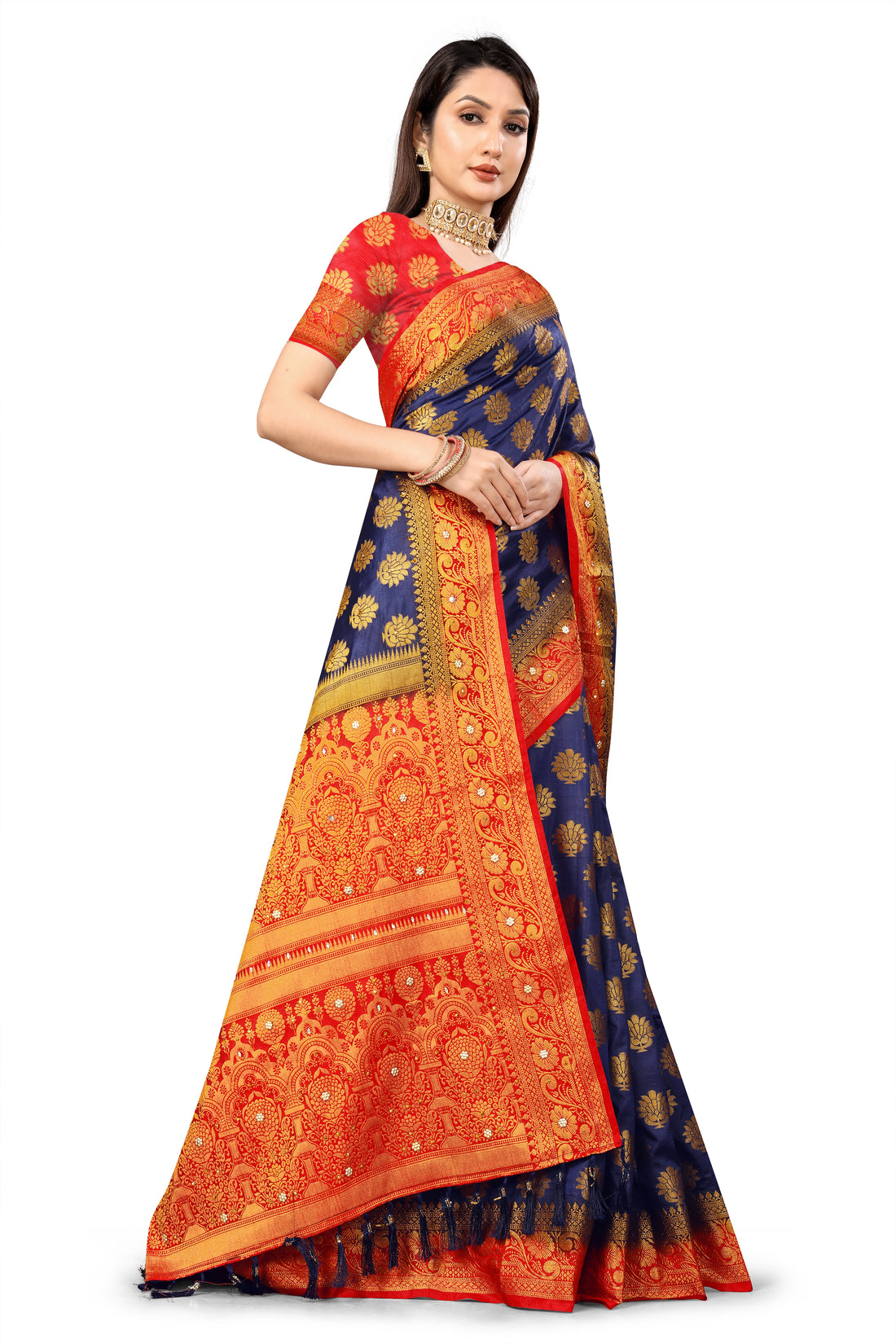 NavyBlue Silk Saree With Diamond Work With Tassels