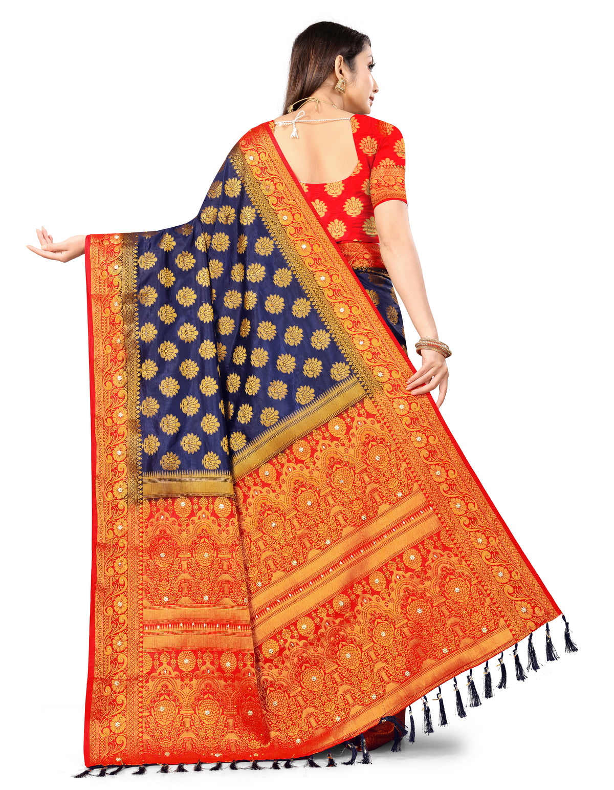 NavyBlue Silk Saree With Diamond Work With Tassels