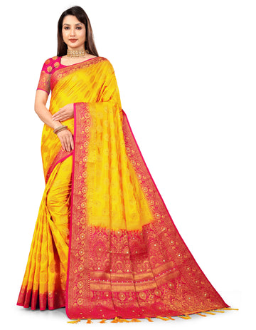 Yellow Silk Saree With Diamond Work