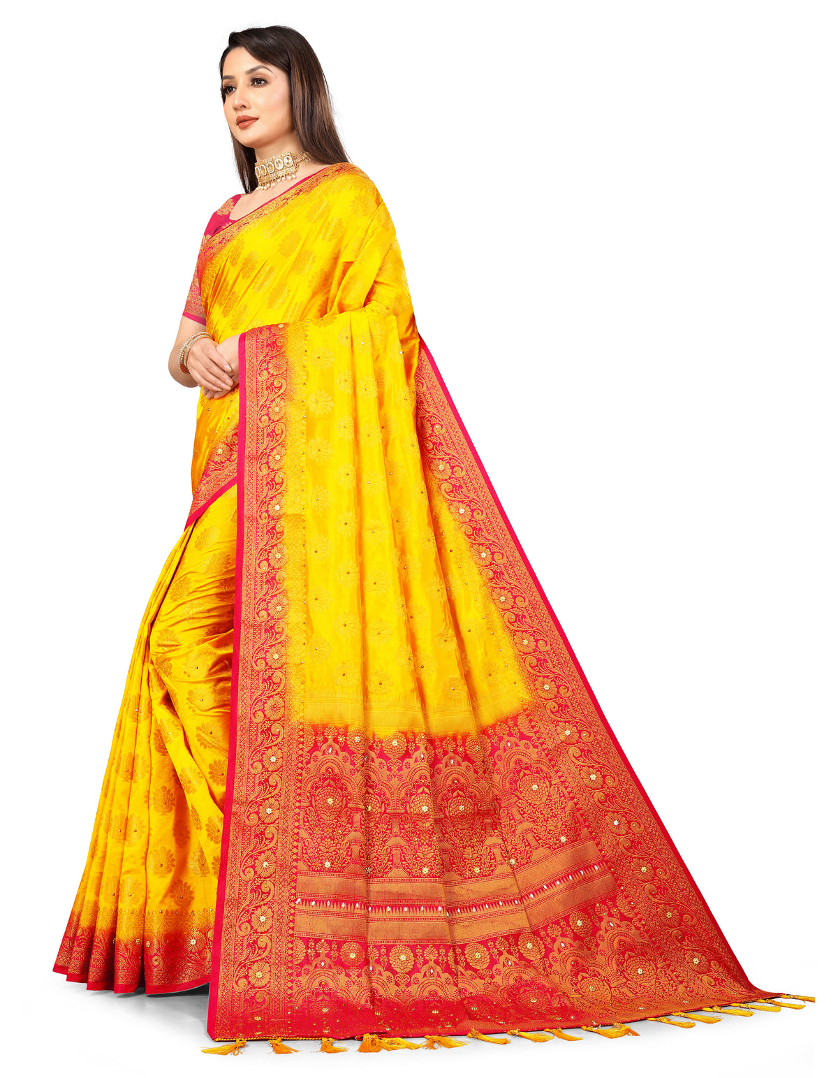 Yellow Silk Saree With Diamond Work