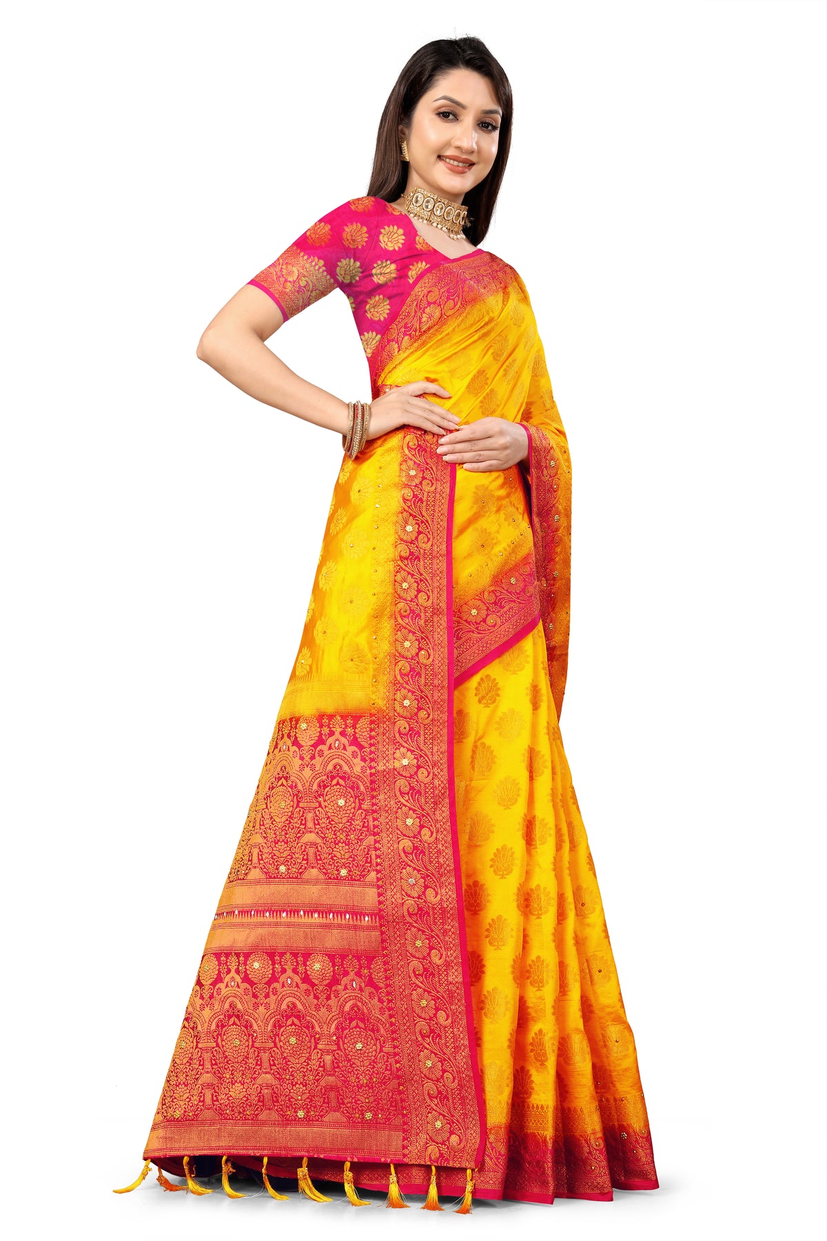 Yellow Silk Saree With Diamond Work