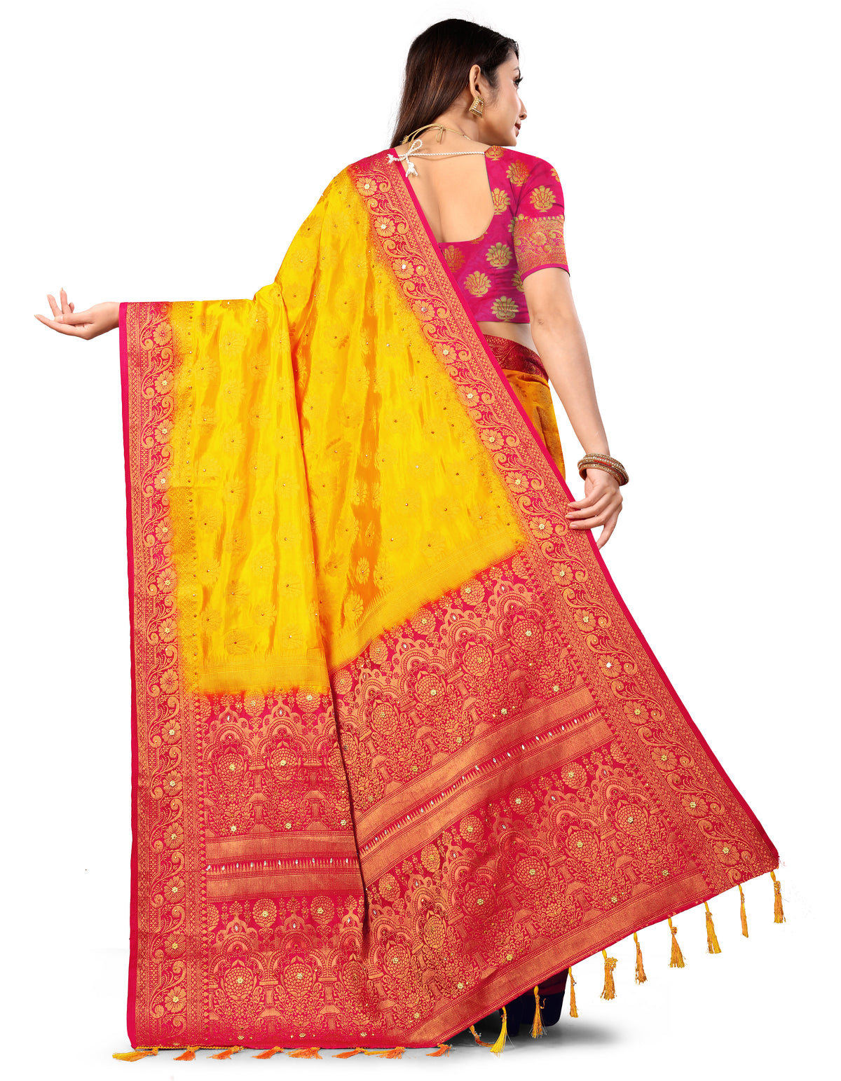 Yellow Silk Saree With Diamond Work