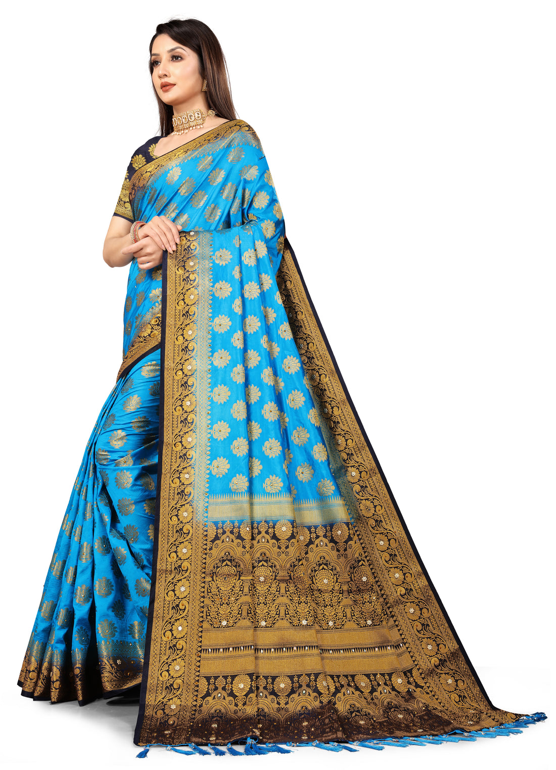 Firozi Silk Saree With Diamond Work
