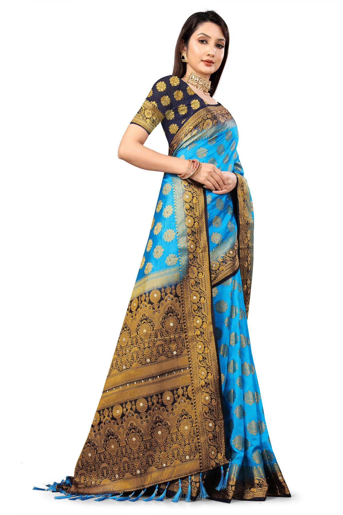 Firozi Silk Saree With Diamond Work