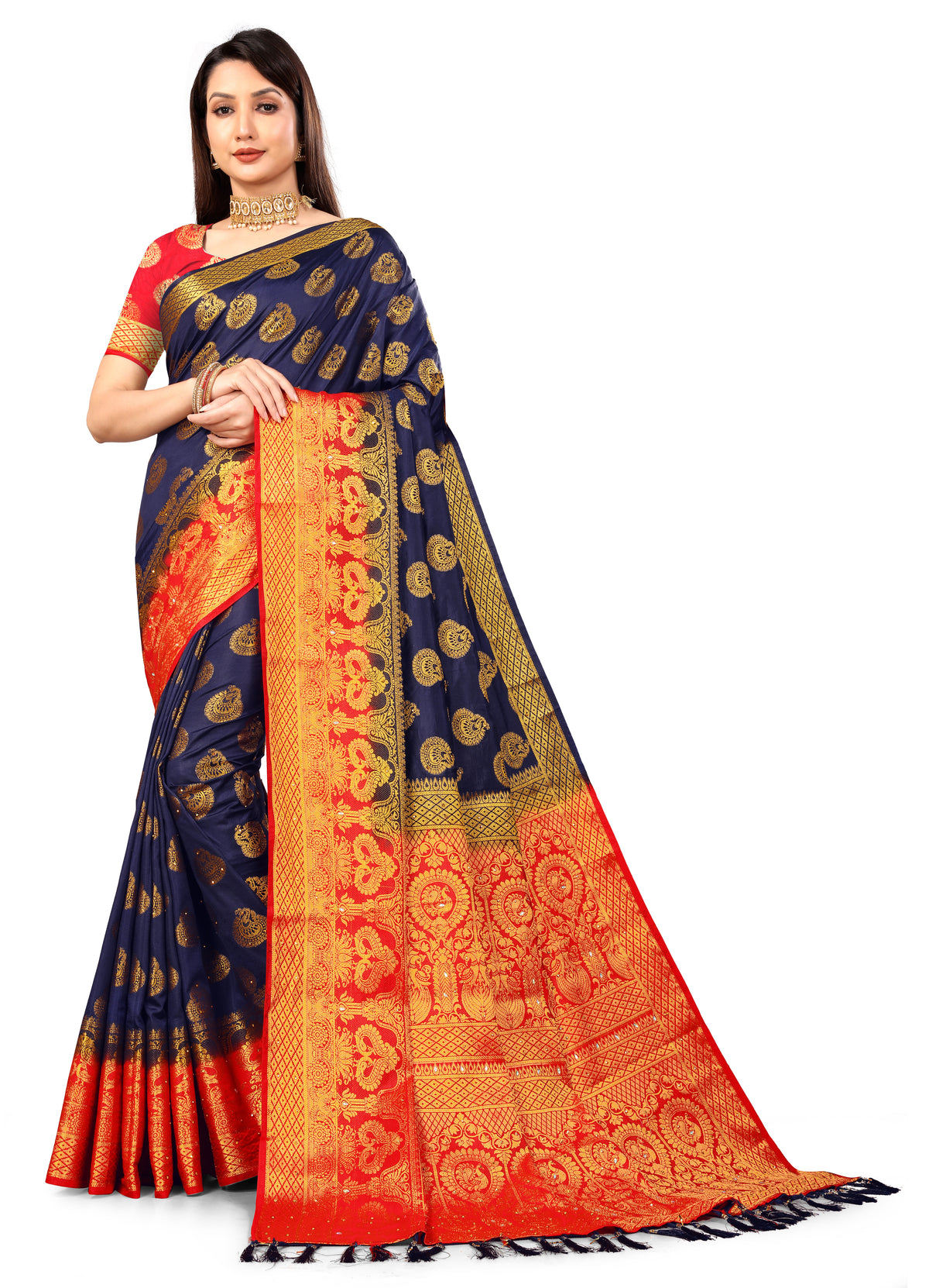 NavyBlue Banarasi Silk Saree With Diamond Work With Tassels
