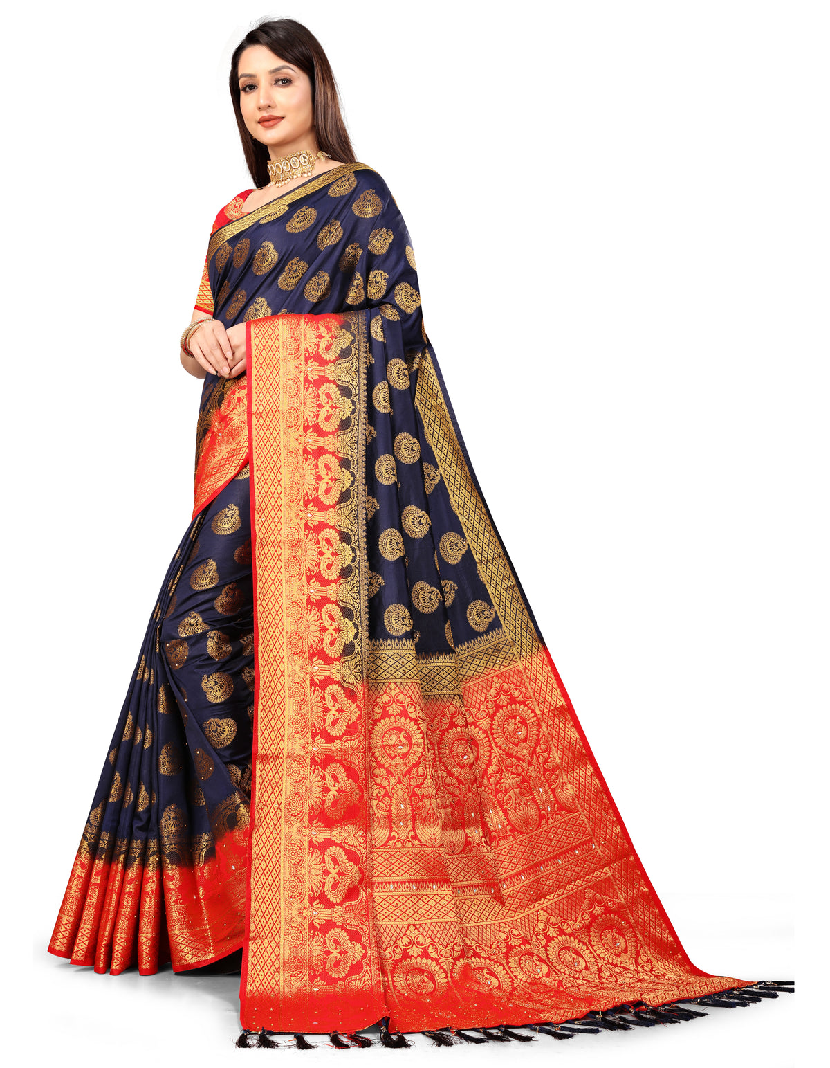 NavyBlue Banarasi Silk Saree With Diamond Work With Tassels