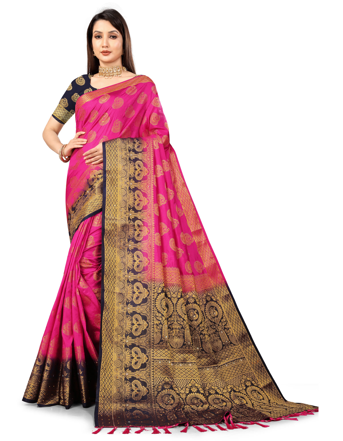 Rani Banarasi Silk Saree With Diamond Work With Tassels