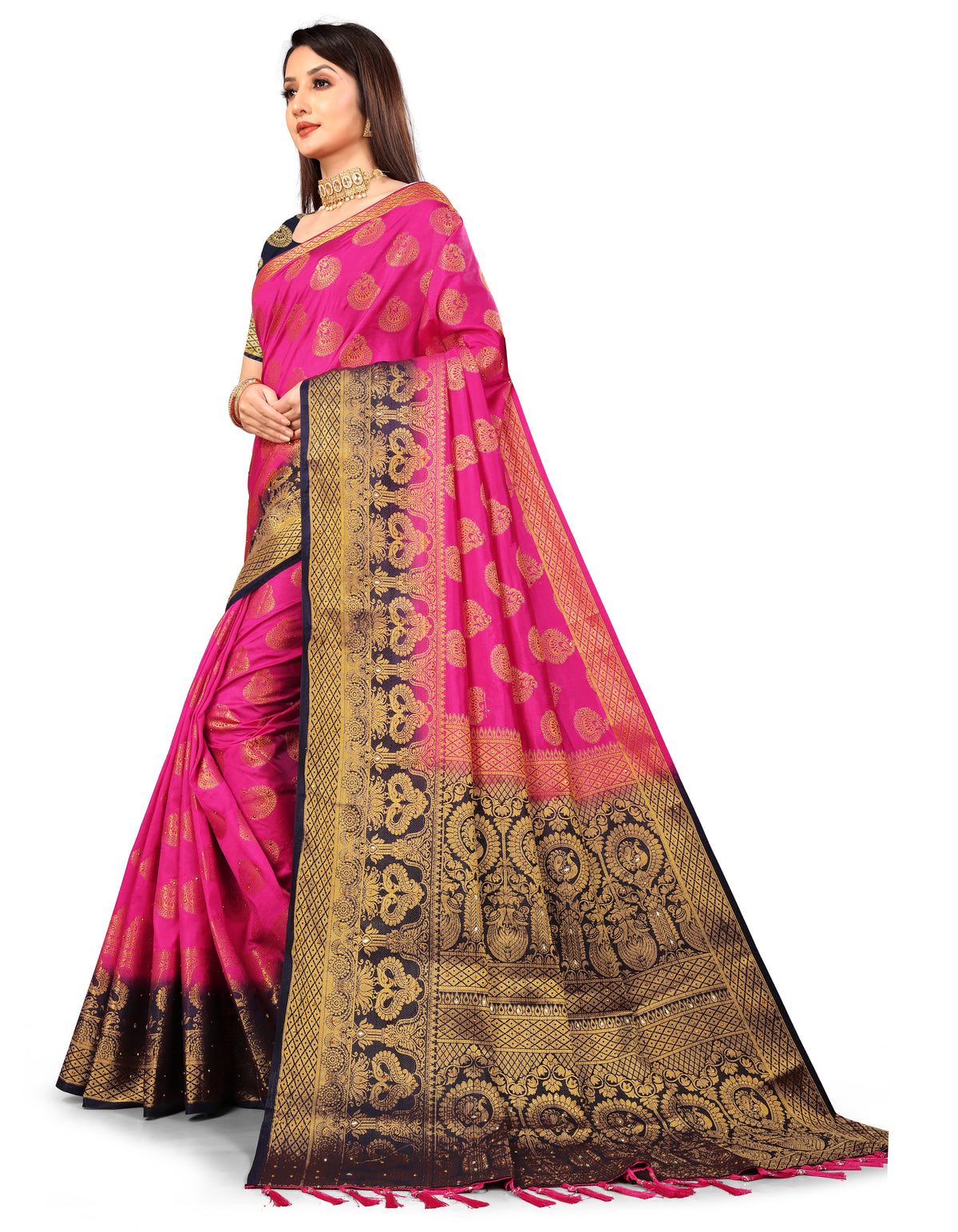 Rani Banarasi Silk Saree With Diamond Work With Tassels