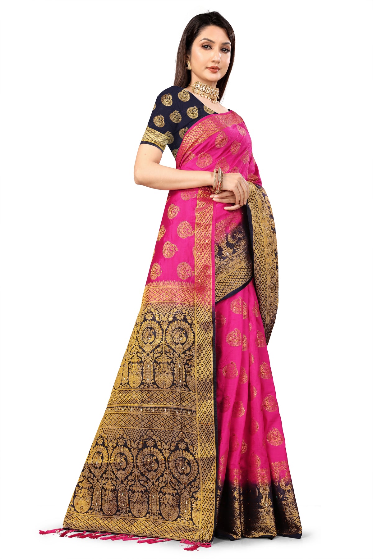 Rani Banarasi Silk Saree With Diamond Work With Tassels