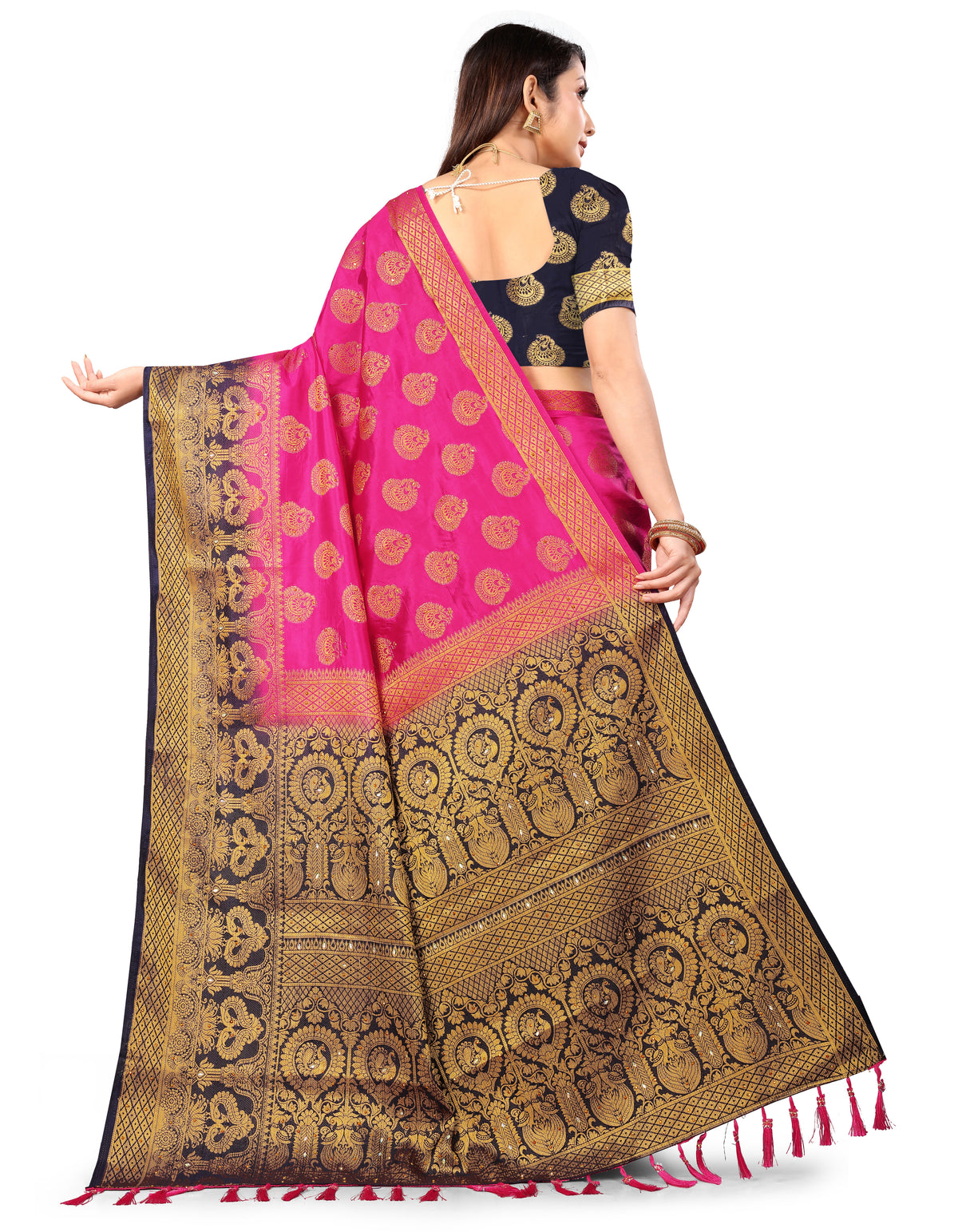 Rani Banarasi Silk Saree With Diamond Work With Tassels