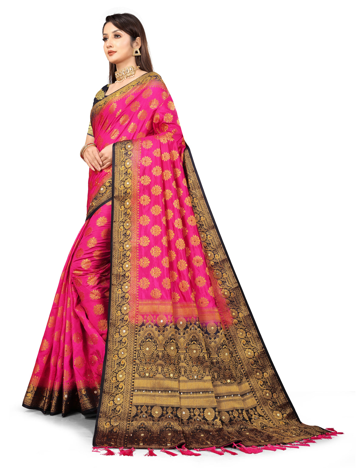 Rani Silk Saree With Diamond Work