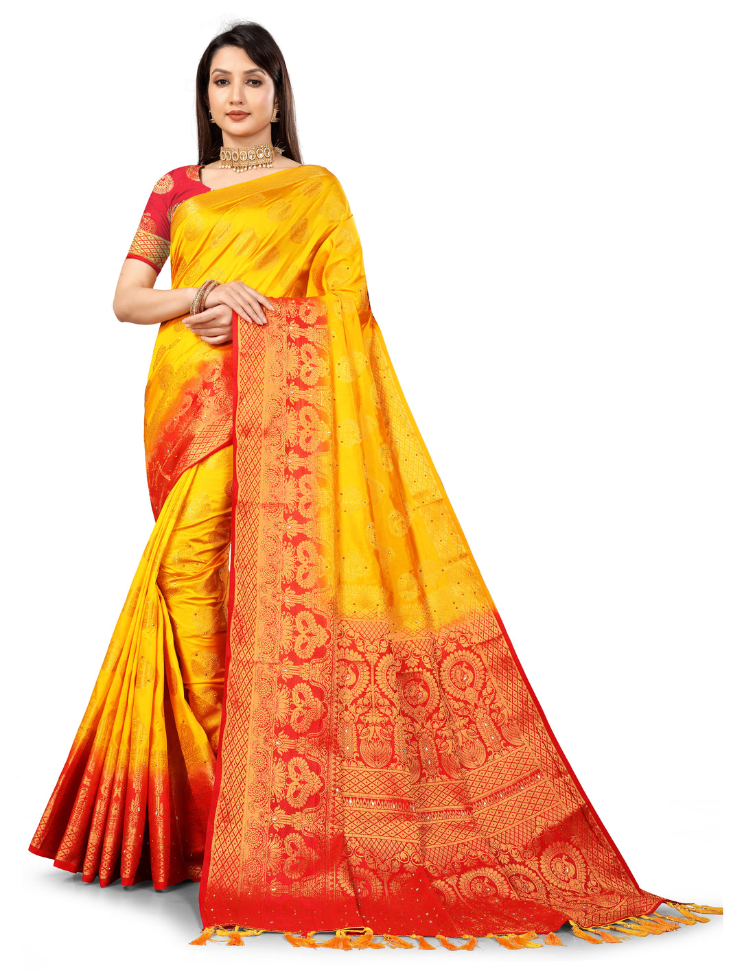 Yellow Banarasi Silk Saree With Diamond Work With Tassels