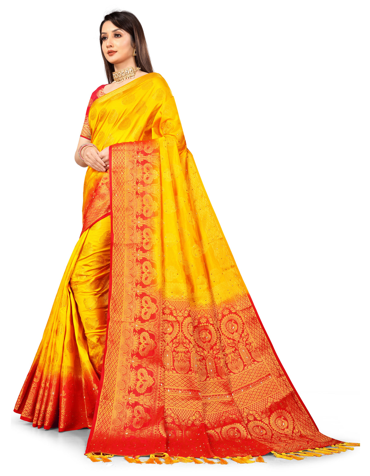 Yellow Banarasi Silk Saree With Diamond Work With Tassels