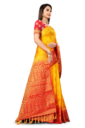 Yellow Banarasi Silk Saree With Diamond Work With Tassels