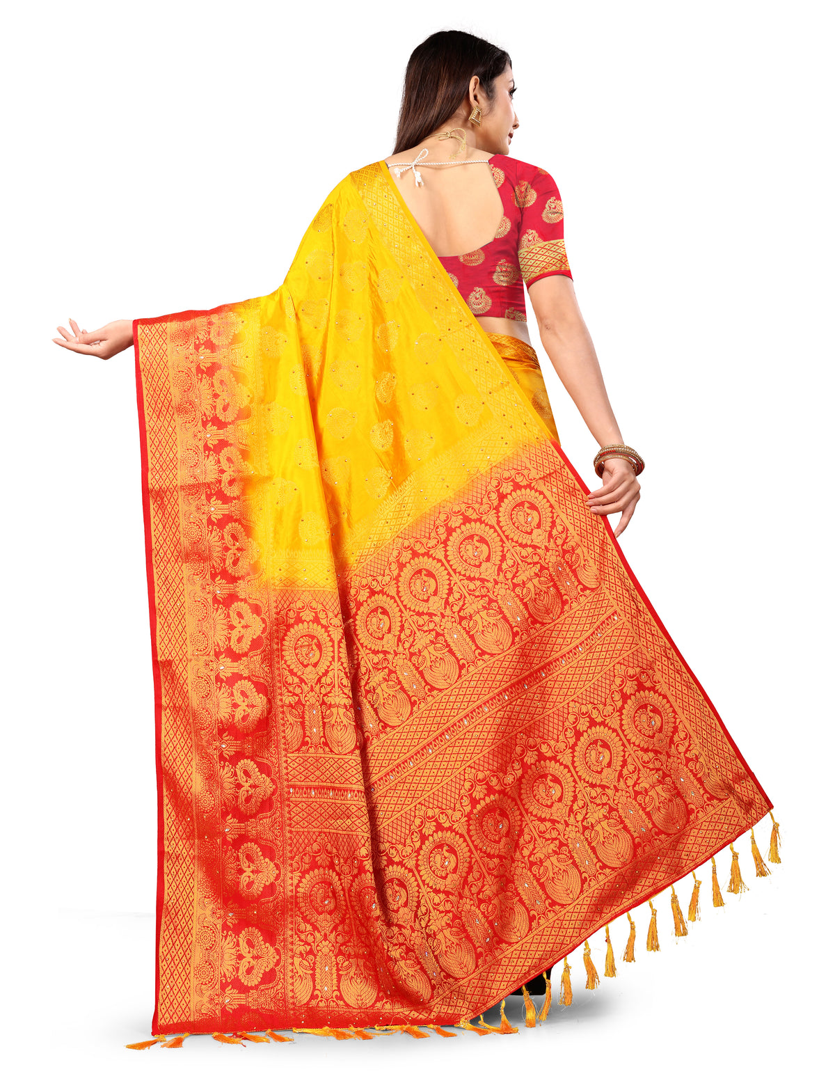 Yellow Banarasi Silk Saree With Diamond Work With Tassels