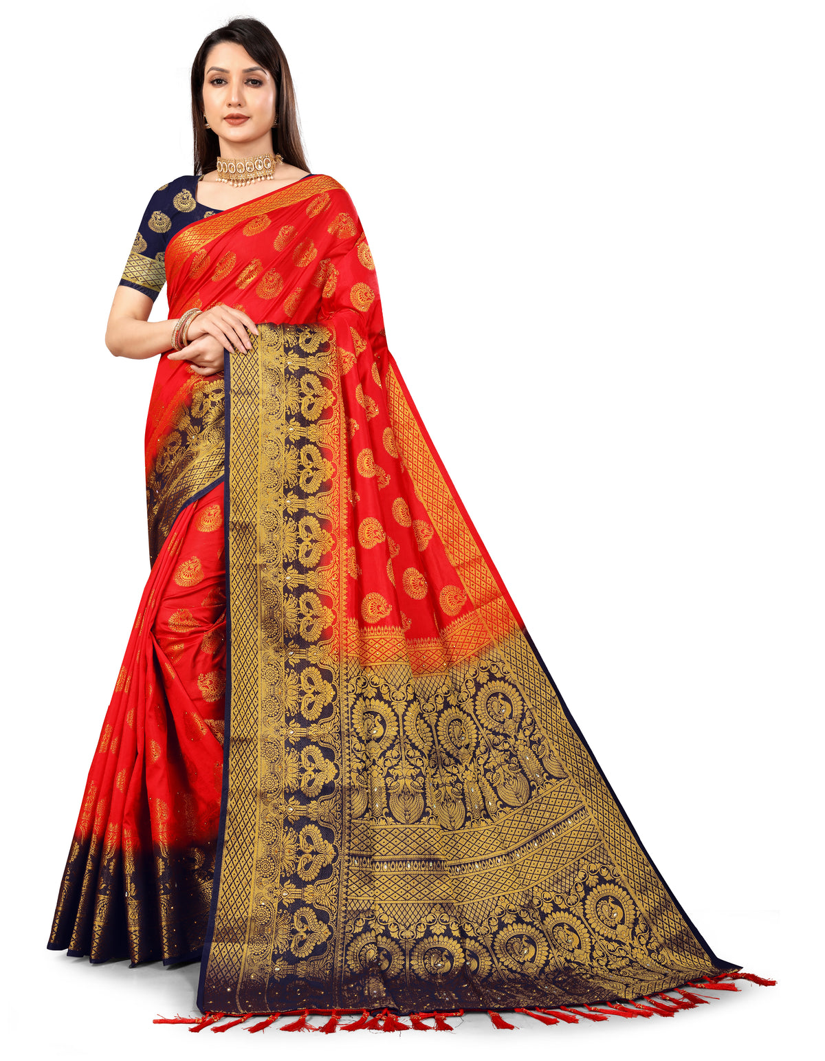 Red Banarasi Silk Saree With Diamond Work With Tassels