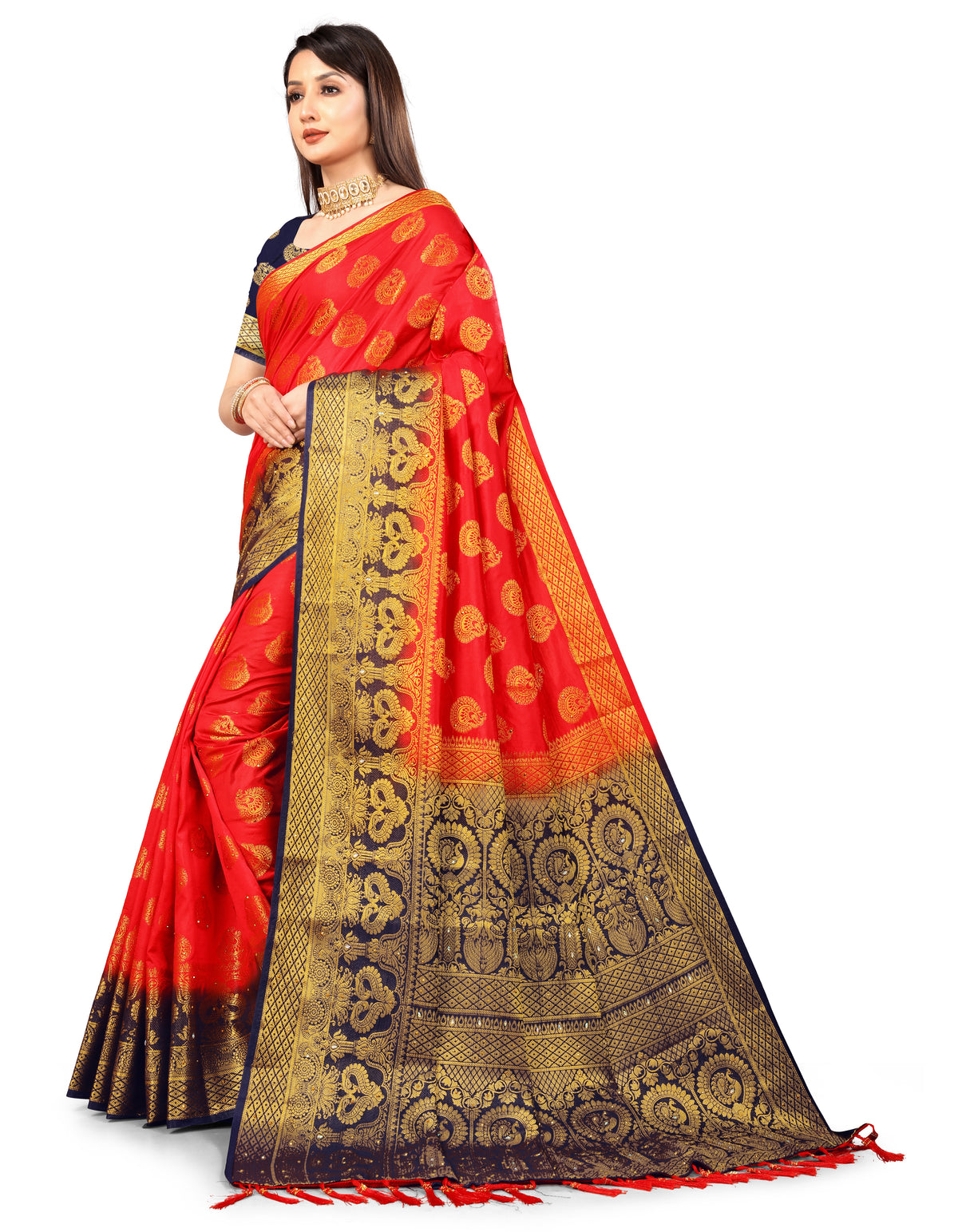Red Banarasi Silk Saree With Diamond Work With Tassels
