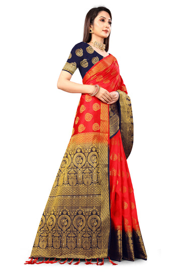 Red Banarasi Silk Saree With Diamond Work With Tassels