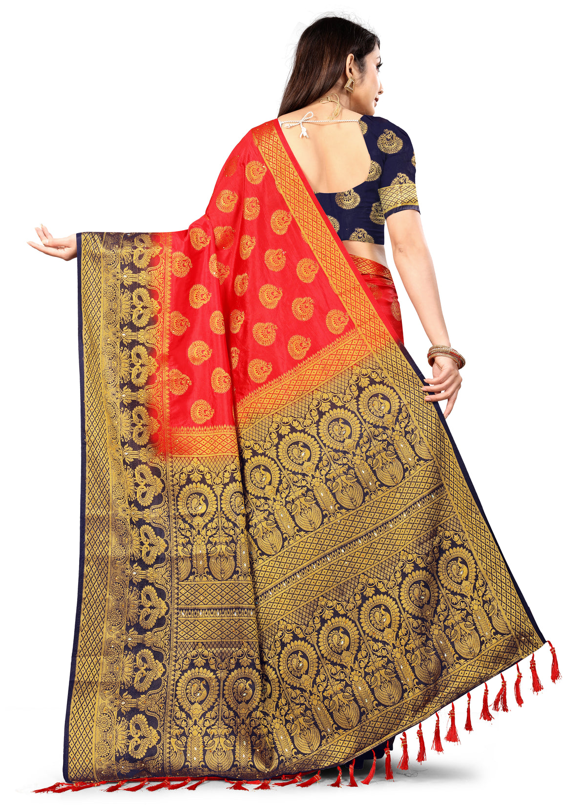 Red Banarasi Silk Saree With Diamond Work With Tassels