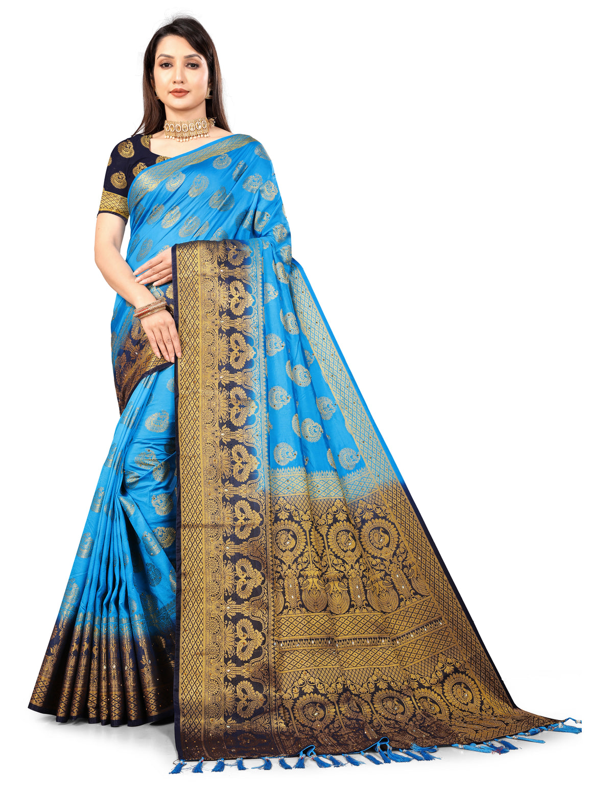 Firozi Banarasi Silk Saree With Diamond Work With Tassels