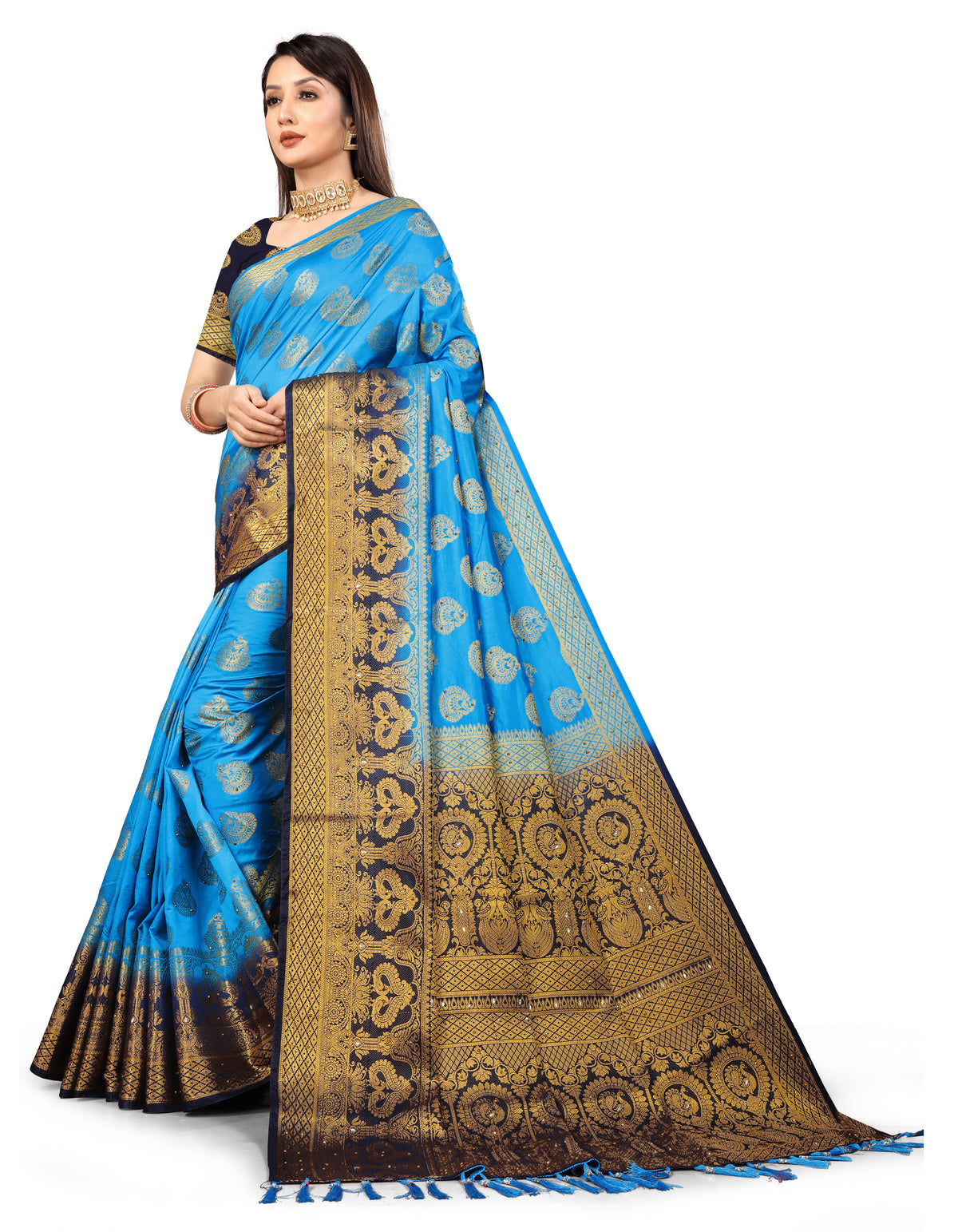 Firozi Banarasi Silk Saree With Diamond Work With Tassels