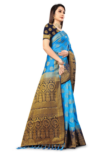 Firozi Banarasi Silk Saree With Diamond Work With Tassels