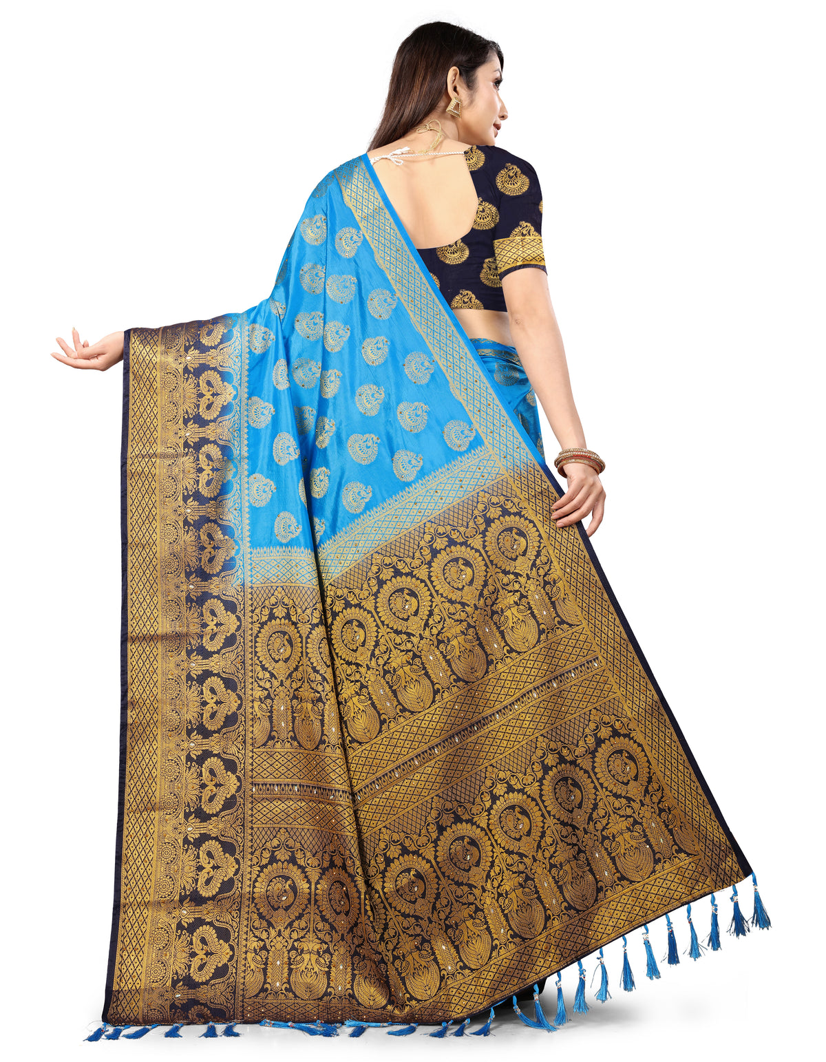Firozi Banarasi Silk Saree With Diamond Work With Tassels