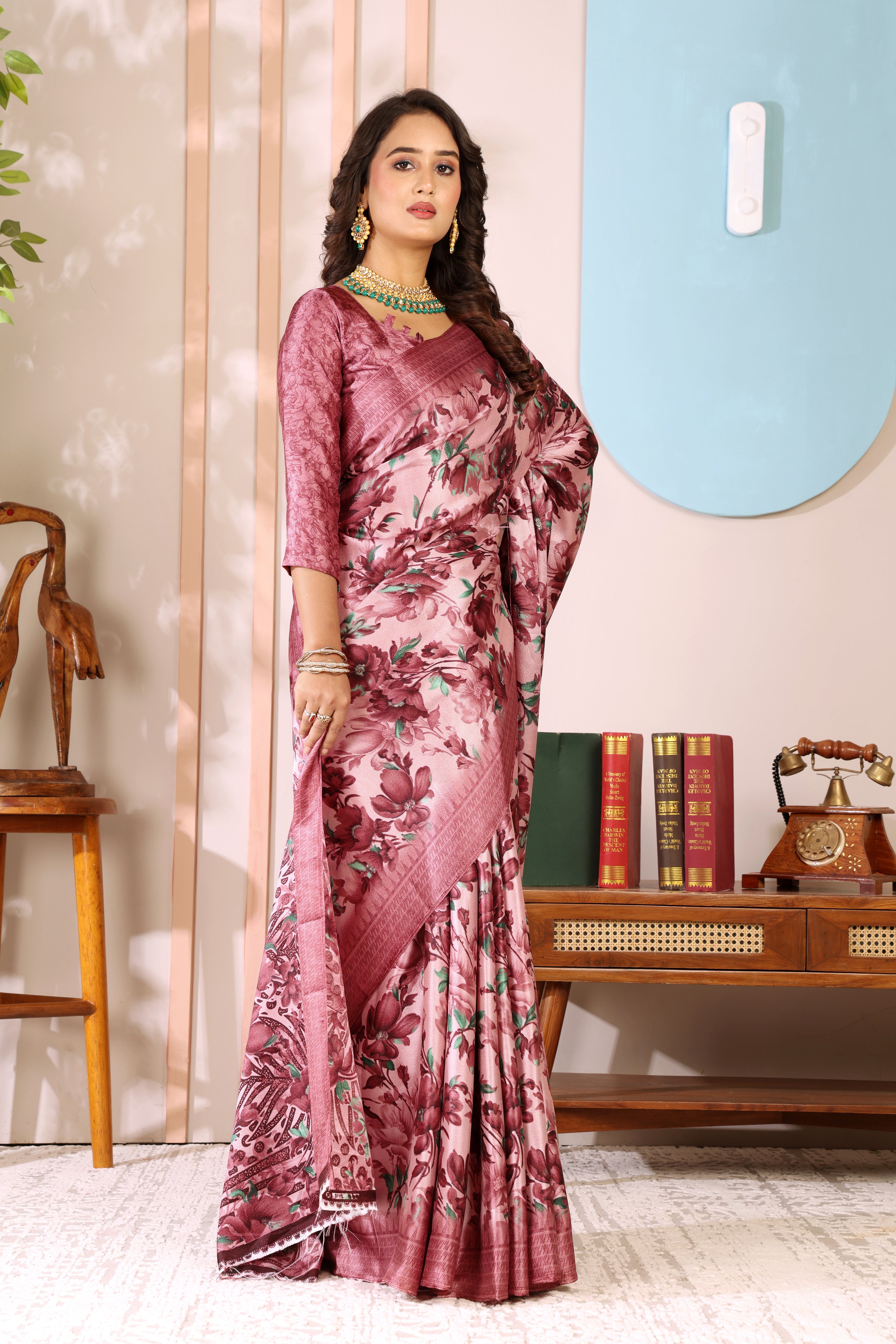 Gold Printed, Digital Print, Floral Print Bollywood Chiffon saree