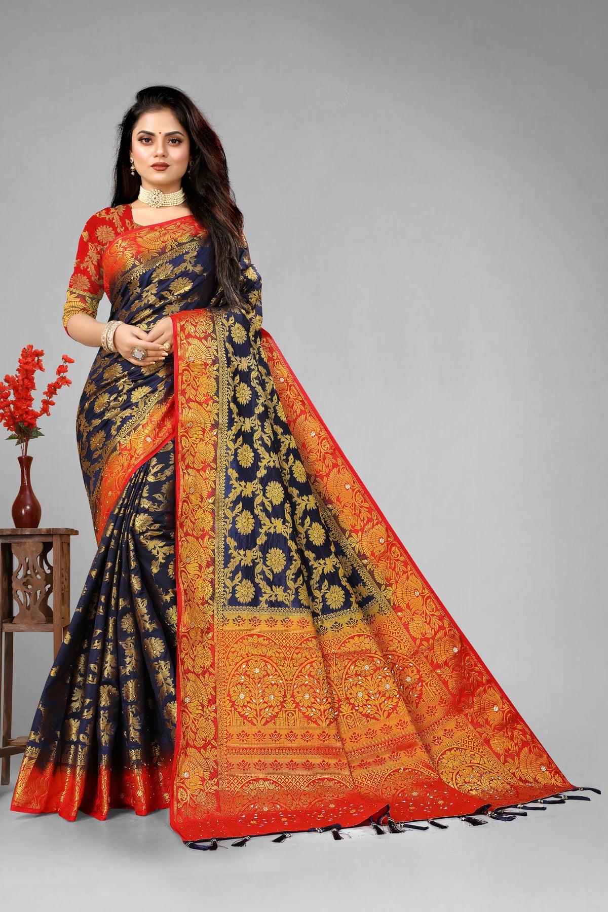 NavyBlue Banarasi Silk Saree With Diamond Work With Tassels