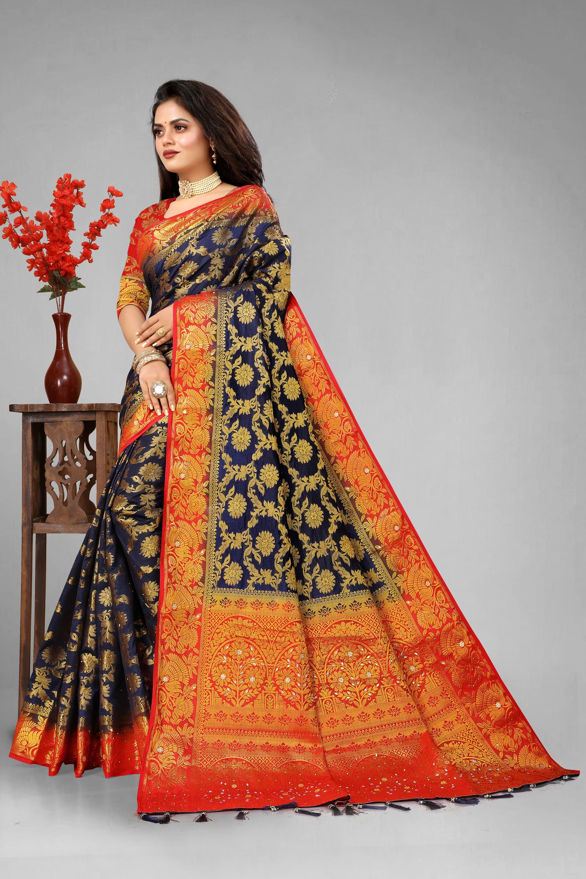 NavyBlue Banarasi Silk Saree With Diamond Work With Tassels