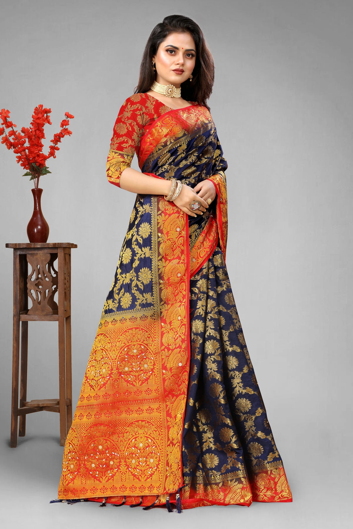 NavyBlue Banarasi Silk Saree With Diamond Work With Tassels