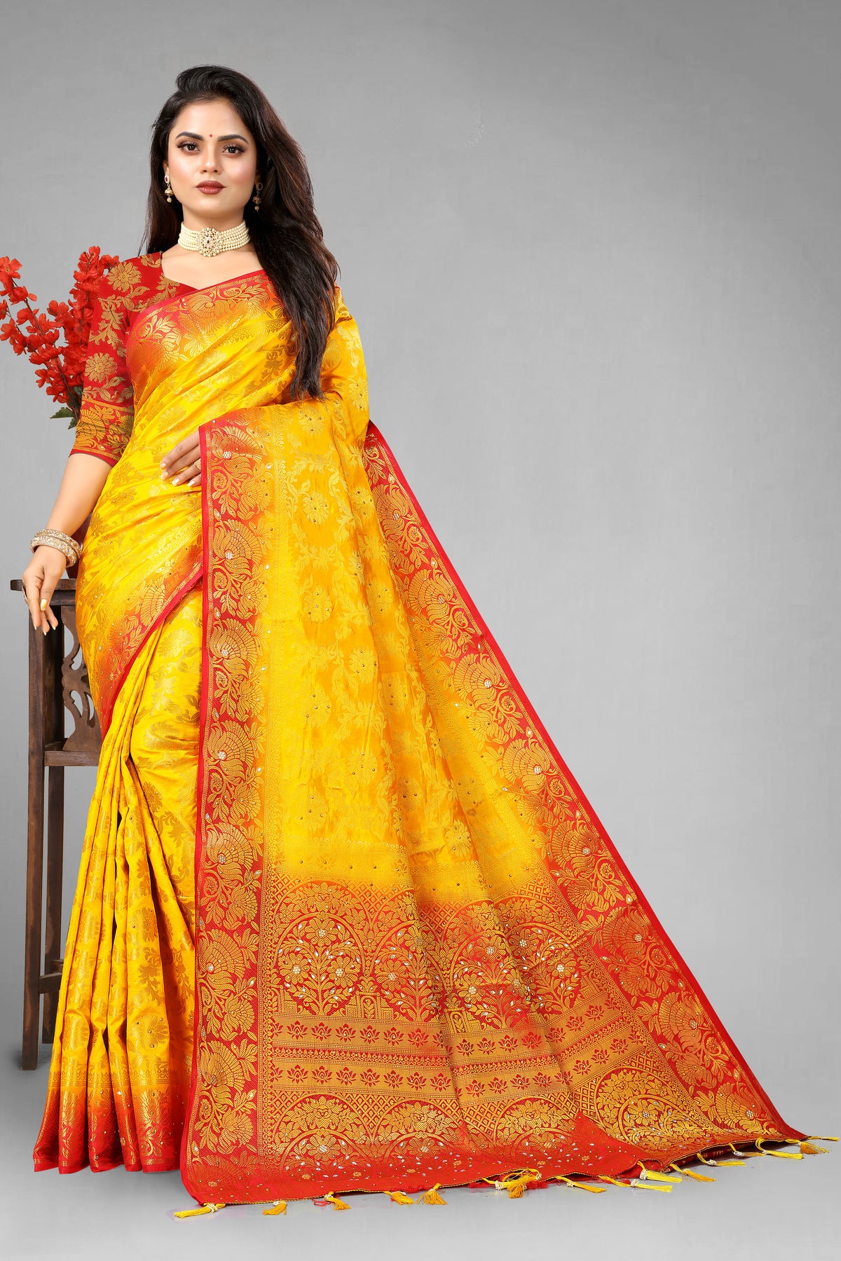 Yellow Banarasi Silk Saree With Diamond Work With Tassels