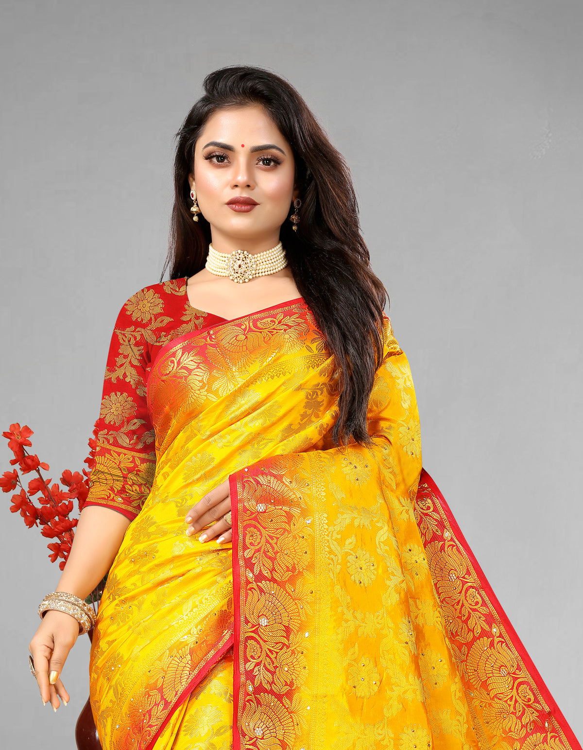 Yellow Banarasi Silk Saree With Diamond Work With Tassels