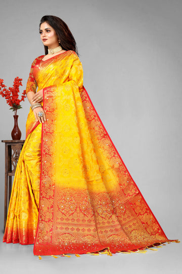 Yellow Banarasi Silk Saree With Diamond Work With Tassels