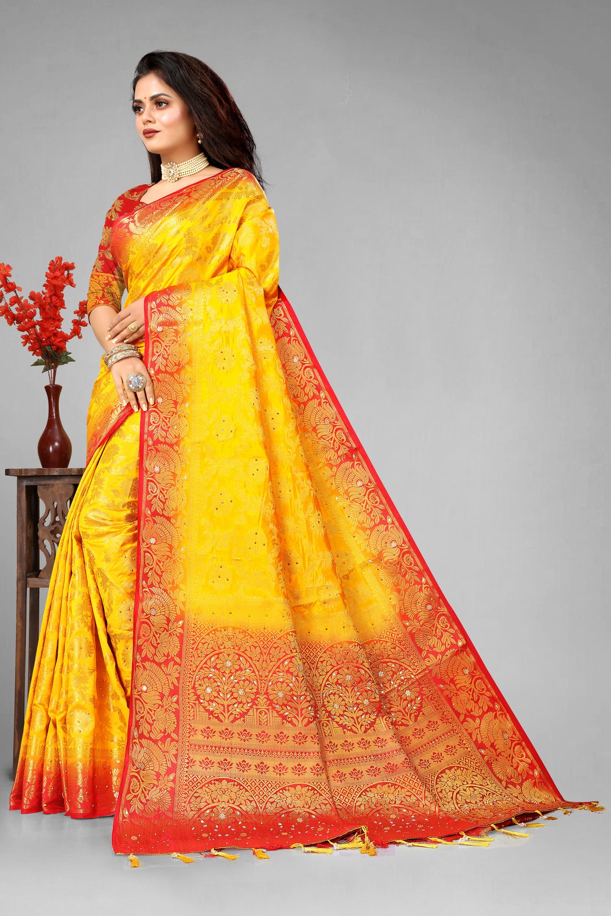 Yellow Banarasi Silk Saree With Diamond Work With Tassels