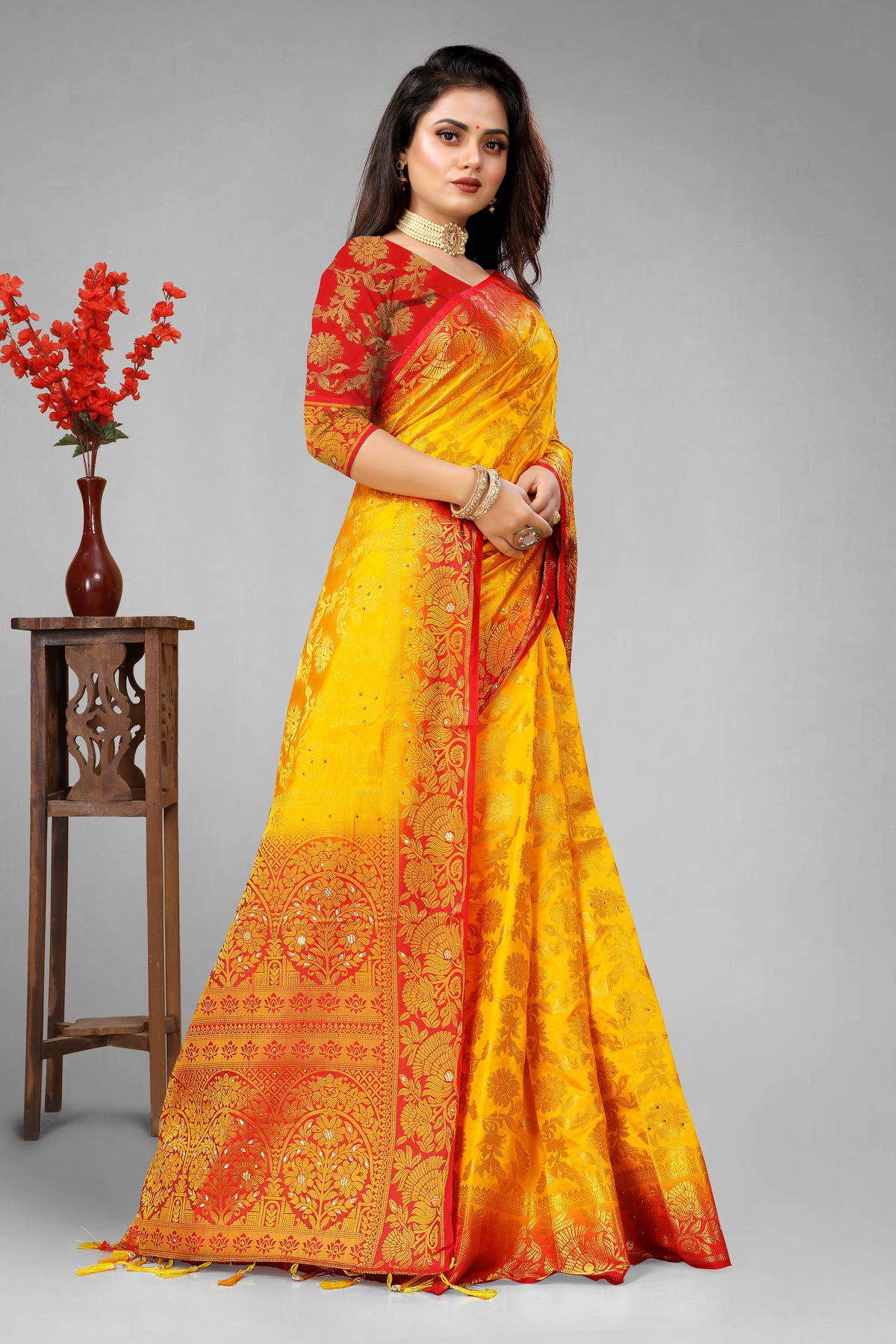 Yellow Banarasi Silk Saree With Diamond Work With Tassels