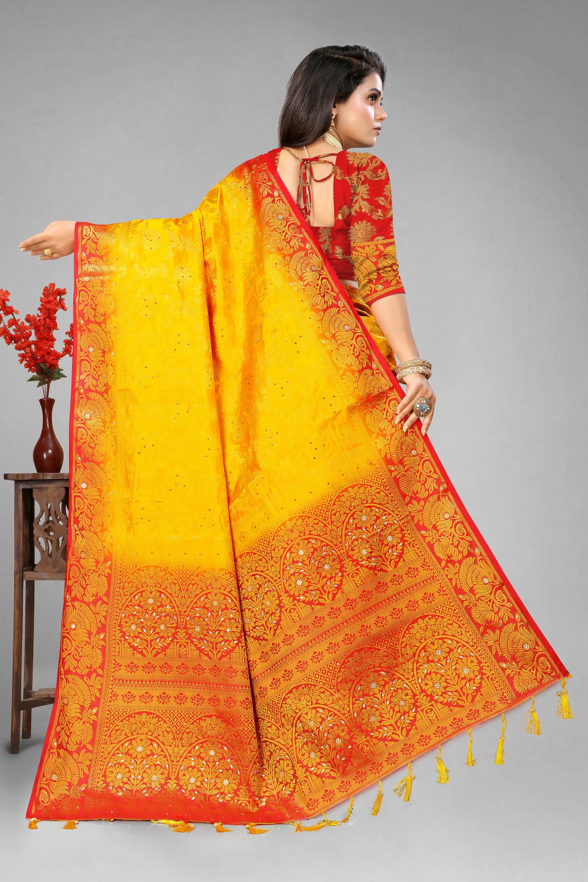 Yellow Banarasi Silk Saree With Diamond Work With Tassels