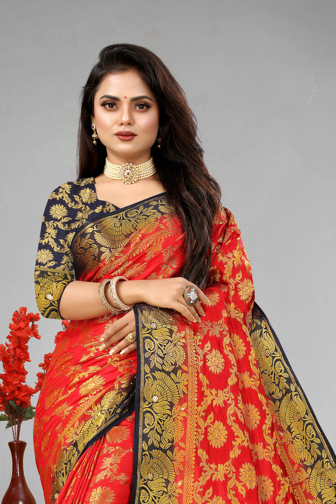 Red Banarasi Silk Saree With Diamond Work With Tassels