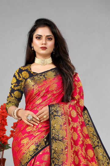 Rani Banarasi Silk Saree With Diamond Work With Tassels