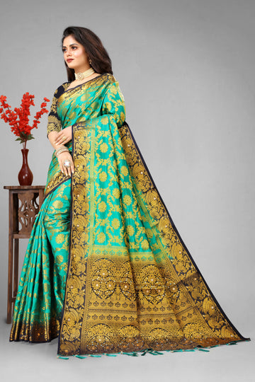 Green Banarasi Silk Saree With Diamond Work With Tassels