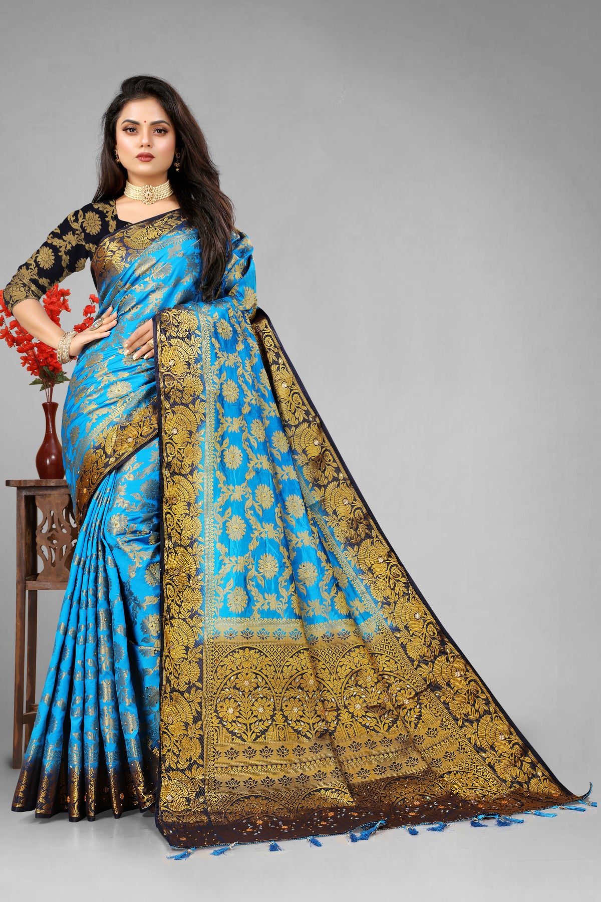 Firozi Banarasi Silk Saree With Diamond Work With Tassels