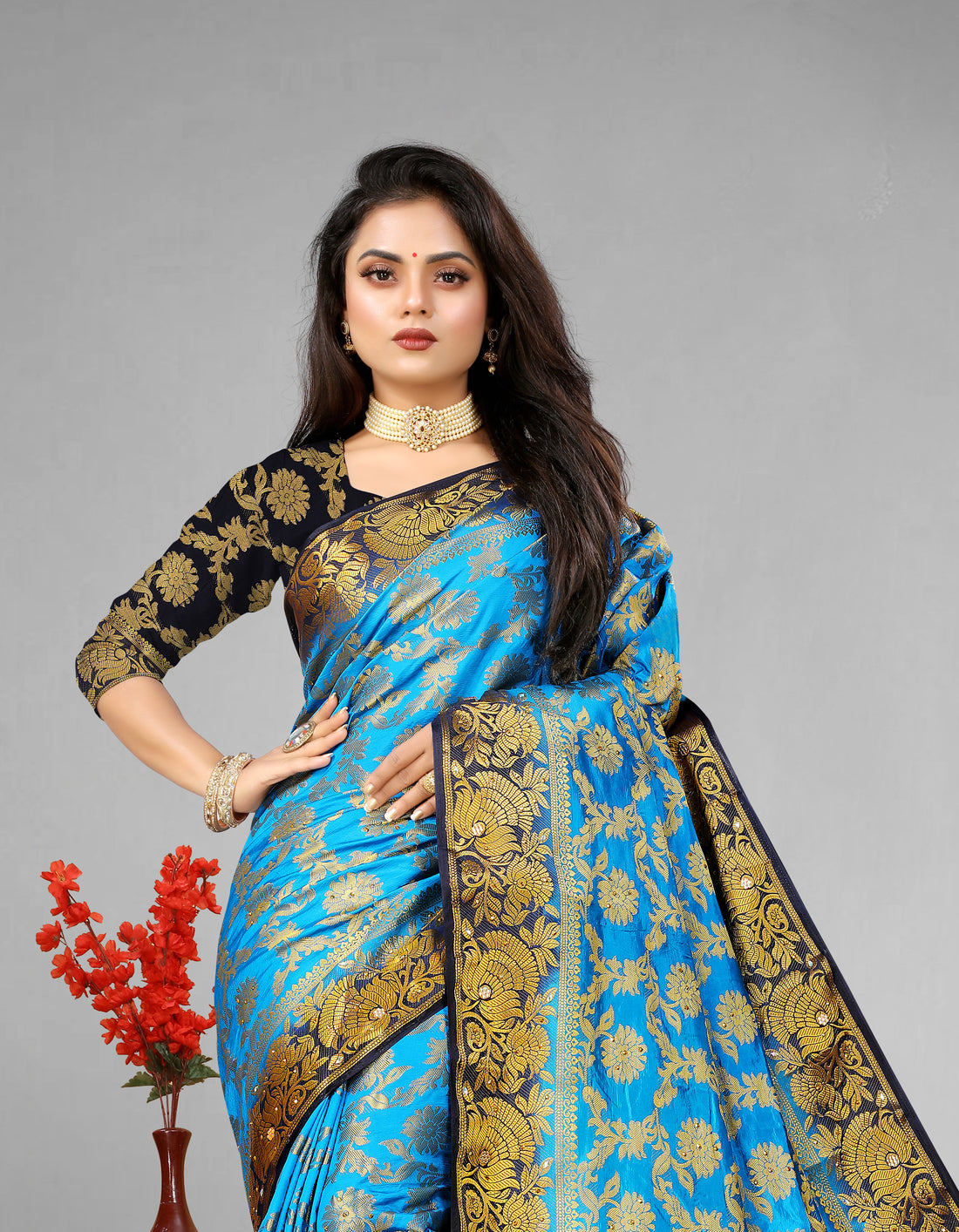 Firozi Banarasi Silk Saree With Diamond Work With Tassels