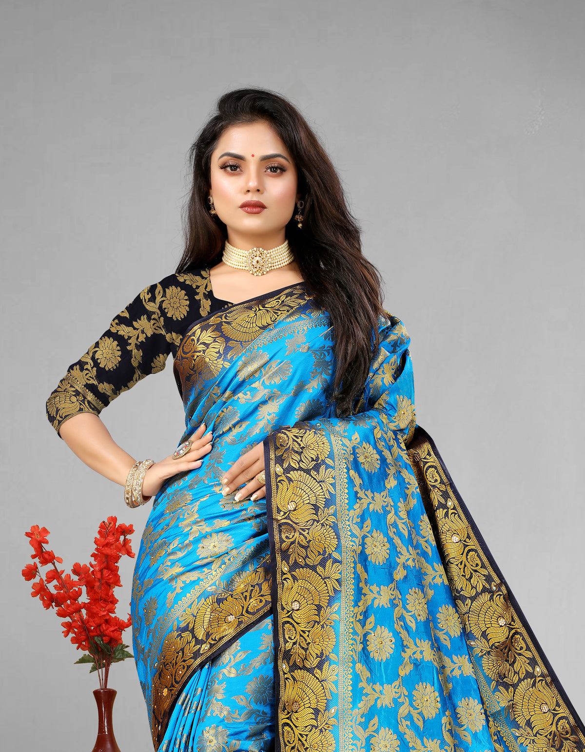 Firozi Banarasi Silk Saree With Diamond Work With Tassels