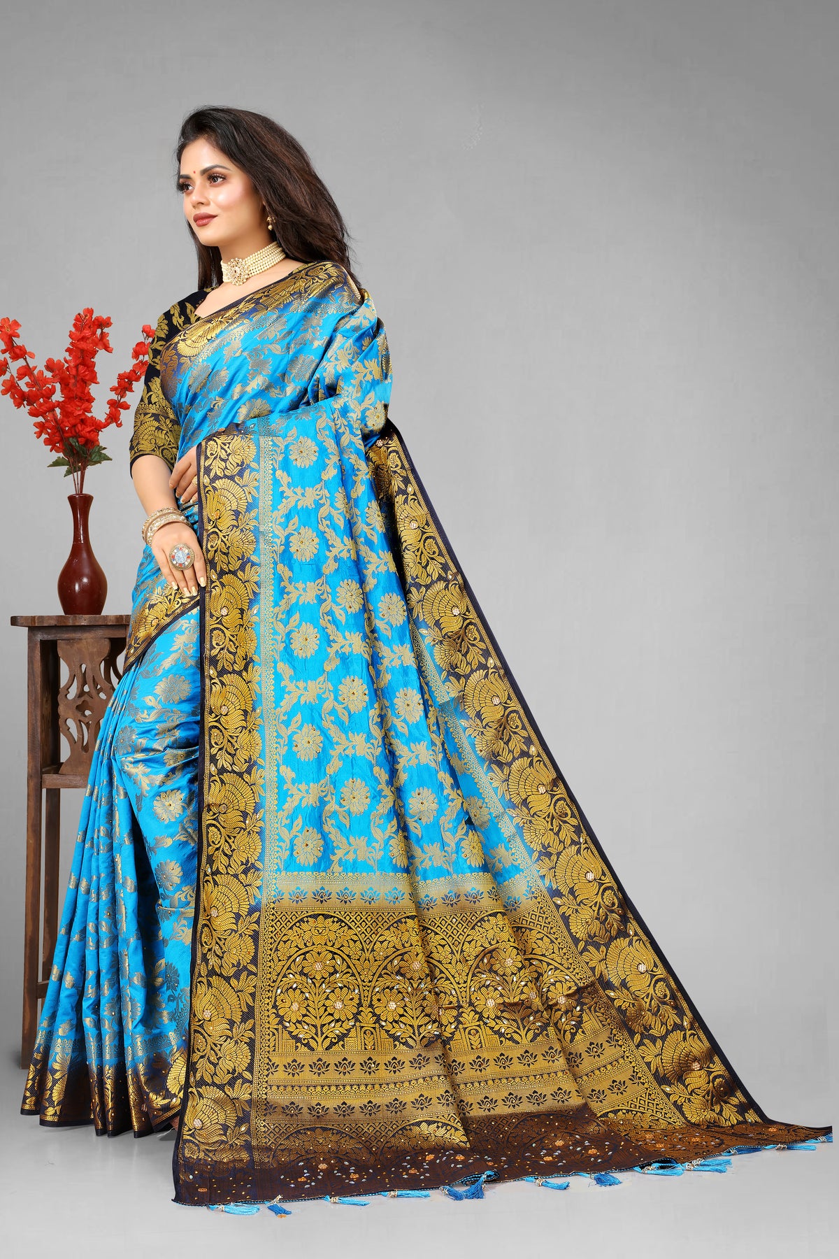Firozi Banarasi Silk Saree With Diamond Work With Tassels