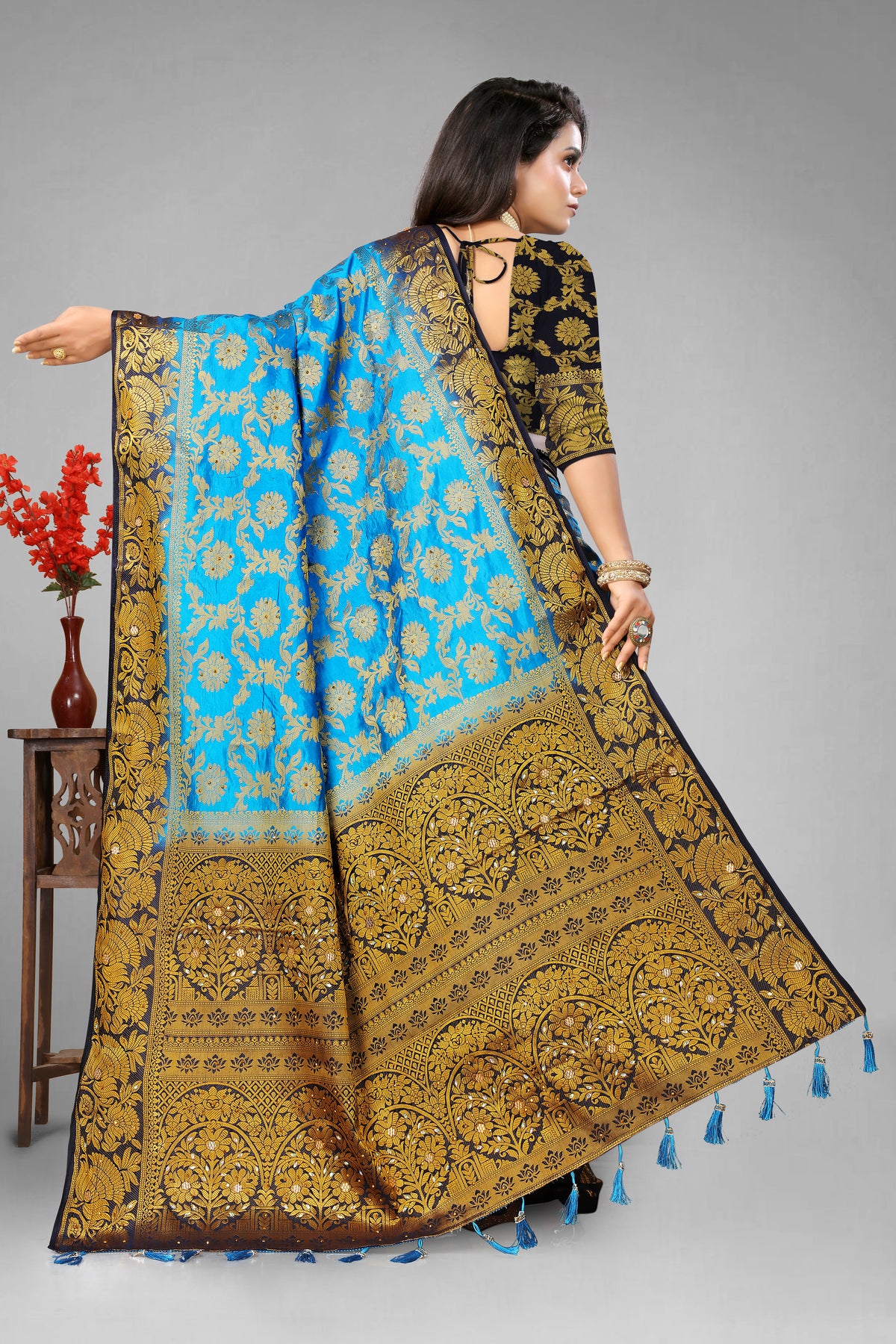 Firozi Banarasi Silk Saree With Diamond Work With Tassels