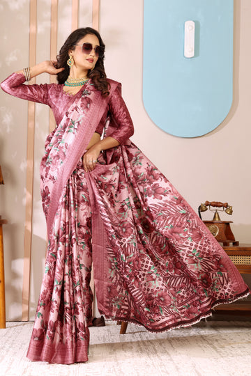 Wine Printed, Digital Print, Floral Print Bollywood Chiffon saree